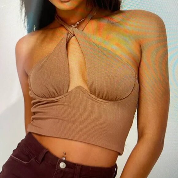 Princess Polly Alicia Women's Brown halter crop top EUC size 10 - Picture 1 of 6